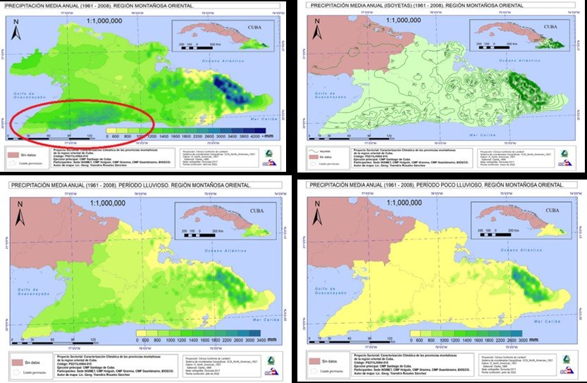 Comportamiento de las precipitaciones media anual, por período lluvioso y poco lluvioso (1961-2008), en las zonas costeras y montañosas Municipio Guamá Fuente: Centro Meteorológico Provincial, 2024.