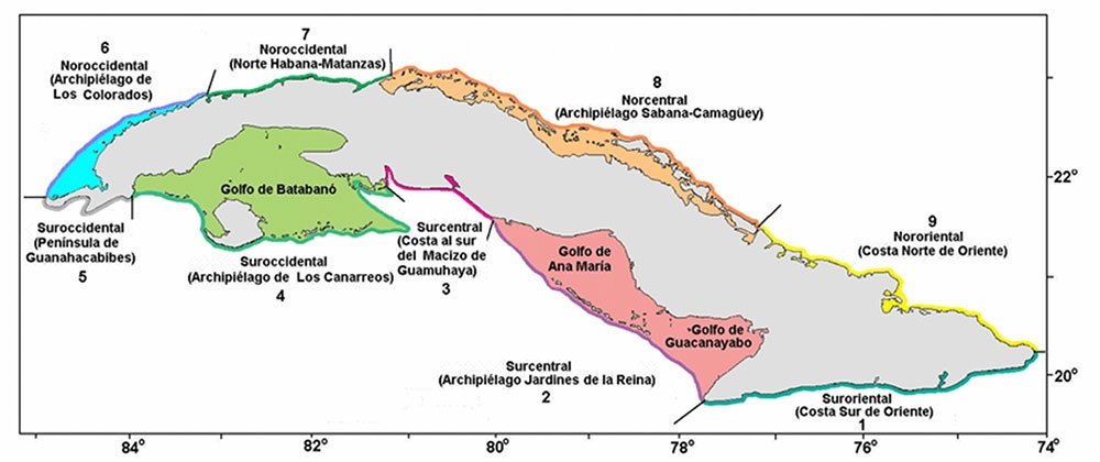 Distritos ecológicos en los cuales se encuentra dividida la plataforma marina cubana. Fuente: (división adoptada de Areces, ed., 2002)