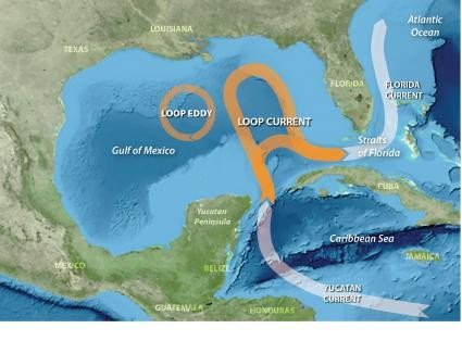 La Corriente de Lazo en sus diferentes fases: 1- retraída, 2- extendida y 3- con anillo de núcleo caliente independiente del vórtice principal