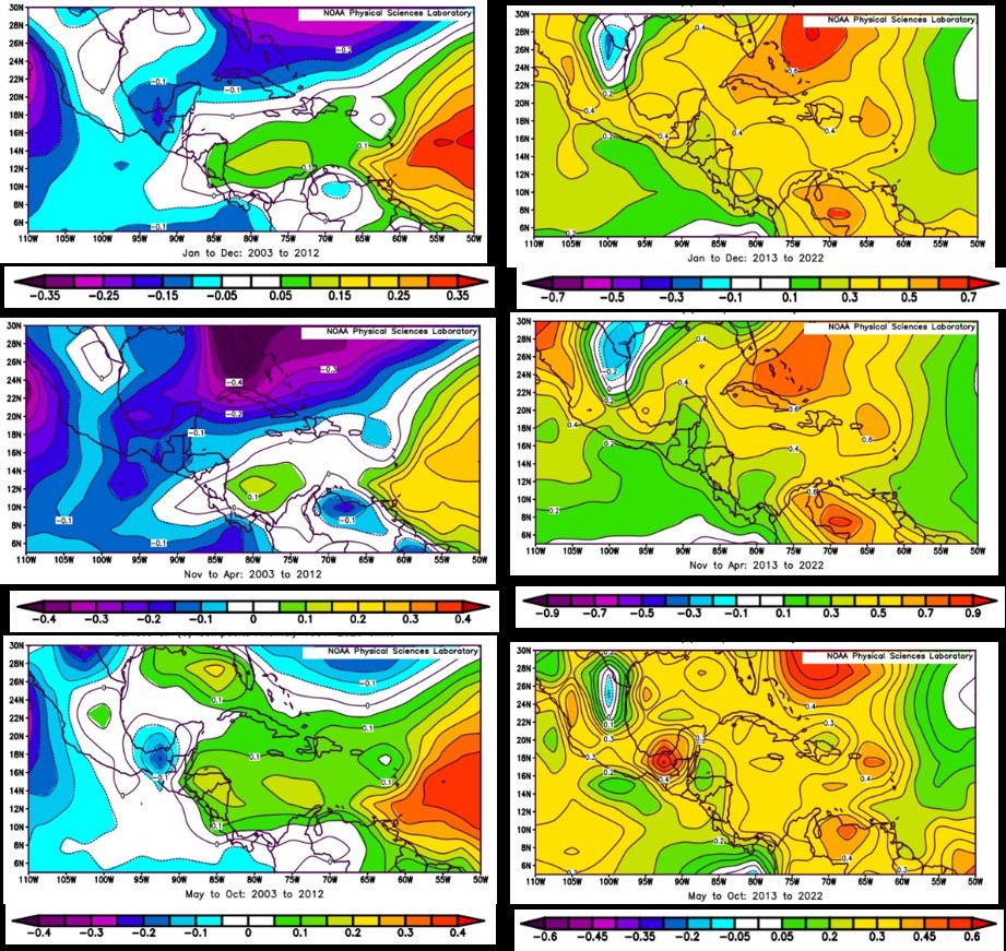 Anomalías de la temperatura media en superficie en los dos últimos decenios, respecto al periodo de referencia 1991-2020, para los valores anuales (arriba), del periodo seco (medio) y lluvioso (abajo)